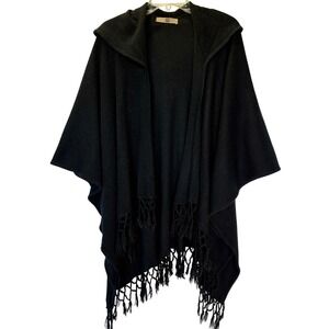 Black Boho Fringe Hooded Open Front Poncho Cape Festival Layering Wrap